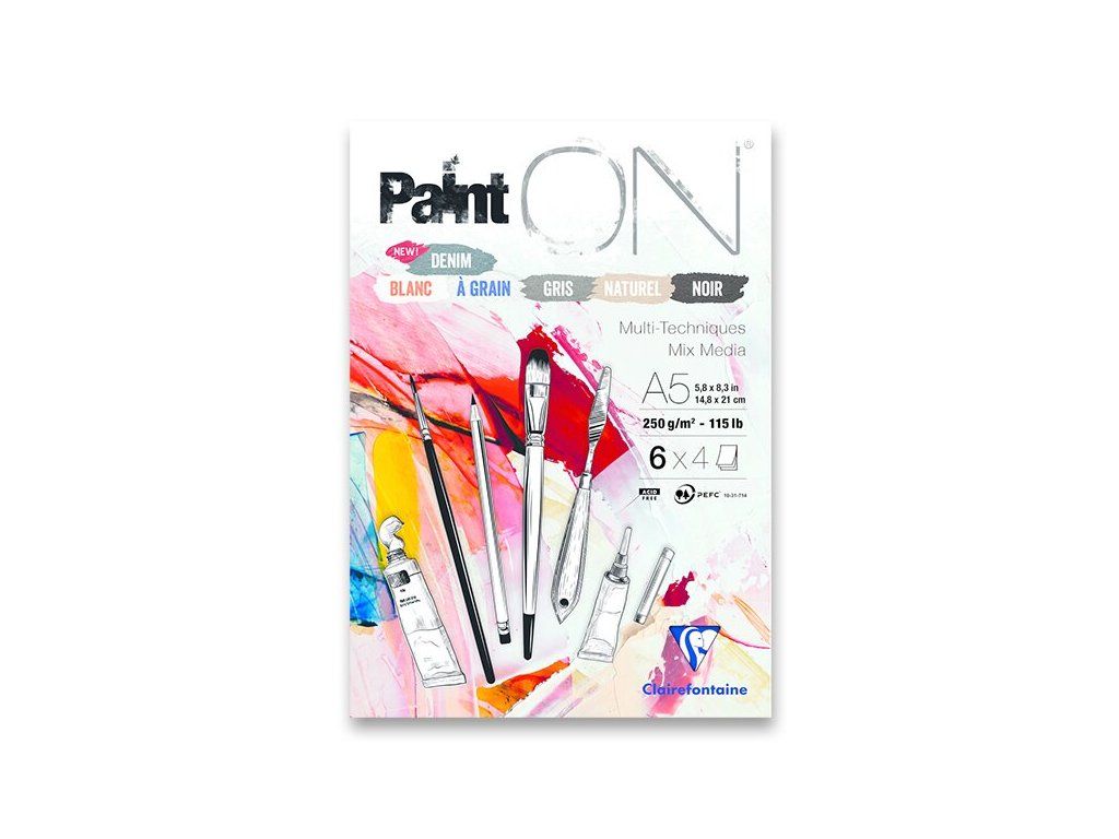 Clairefontaine Paint ON, blok Mix media A5, 250 g, 6 barev papíru po 4 listech