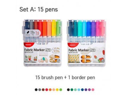 Sada fixů na textil Monami Fabric Marker Brush SET A 16 ks, štětcový hrot