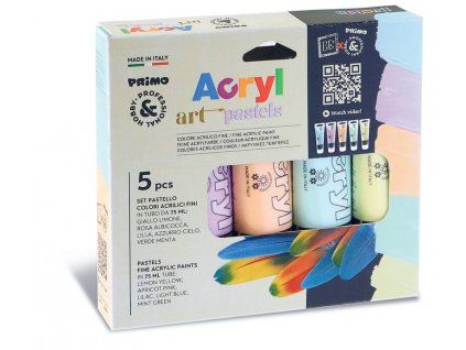 Primo akrylové barvy Pastel sada 5 x 75 ml, odstíny citronová, meruňková, lila, nebeská modř a mátová
