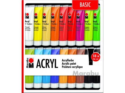 Sada 18 tub akrylových barev Marabu Acryl Color 36 ml, základní odstíny Basic