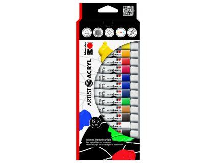 Sada 12 akrylových barev Marabu Artist Acryl, každá tuba 12 ml, vodní báze