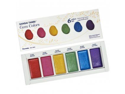 Kuretake Gansai Tambi Gem Colors, sada 6 metalických akvarelových barev v třpytivých odstínech