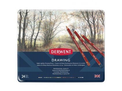 Sada 24 uměleckých pastelek Derwent Drawing v přírodních a hnědých tónech, plechové etui