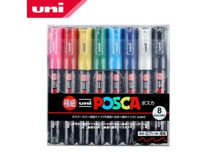 Uni Posca 1M akrylový popisovač 0,7 mm, sada 8 barev s krycím pigmentovým inkoustem