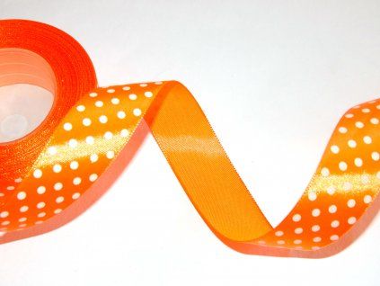 Saténová dekorační stuha AKSA 25 mm x 22 m, oranžová s puntíky, jemný lesk