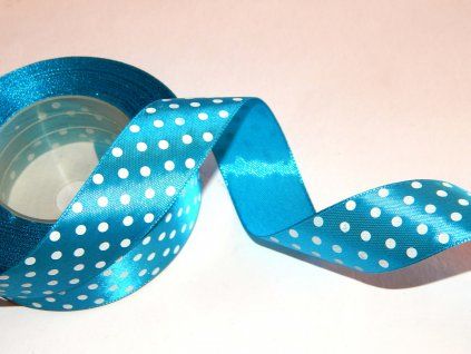 Saténová dekorační stuha AKSA 25 mm x 22 m, tyrkysová s puntíky