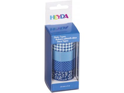 Heyda Deco pásky modré, sada 4 rolí 15 mm x 5 m, motivy kostičky, puntíky, kytičky