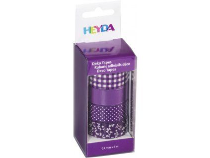 Deco pásky Heyda 15 mm x 5 m, sada 4 rolí s fialovými motivy kostičky, puntíky, kytičky