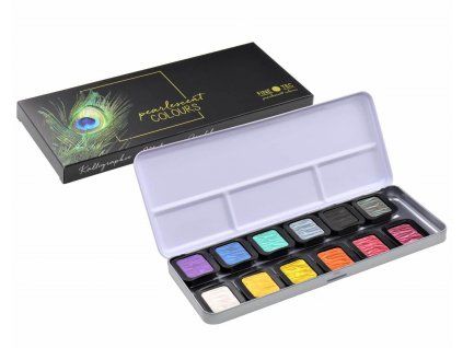 FineTec F1200 Pearl Rainbow, sada 12 metalických a perleťových akvarelových barev v plechové etui