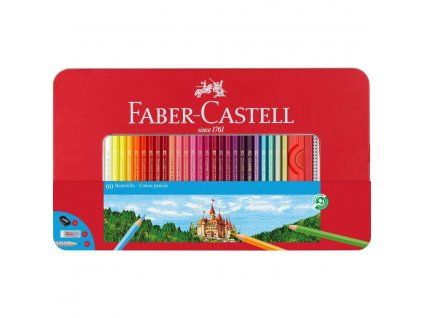 Sada pastelek Faber-Castell EKO 60 barev v kovovém pouzdře, doplněná tužkou, gumou a ořezávátkem