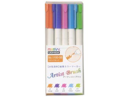 Marvy Artist Brush 1100 sada 5 ks VIVID, štětcové fixy s pigmenty na vodní bázi