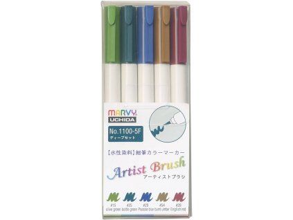 Marvy Artist Brush 1100 sada 5 ks DEEP, štětcové fixy s pigmenty na vodní bázi