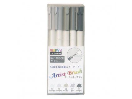 Marvy Uchida Artist Brush 1100 sada 5 ks GREY, štětcové fixy na vodní bázi