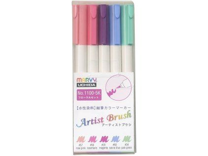 Marvy Uchida Artist Brush 1100 sada 5 ks FLORAL, štětcové fixy s pigmenty na vodní bázi