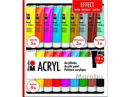 Marabu Acryl Color Effect sada 18 x 36 ml, akrylové barvy základní, metalické, glitrové a fluorescentní