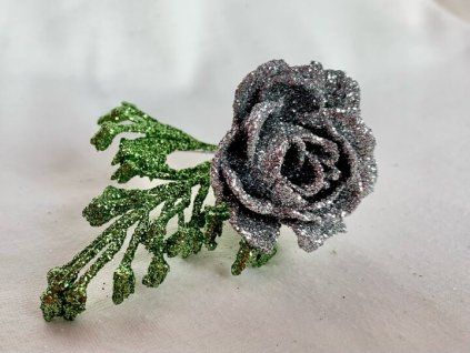 Glitrová vánoční dekorace růžička stříbrná na jehli pro zapíchnutí do polystyrenu nebo věnce