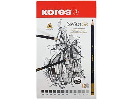 Sada 12 trojhranných grafitových tužek Kores Grafitos v tvrdostech 2H až 8B v plechové etui