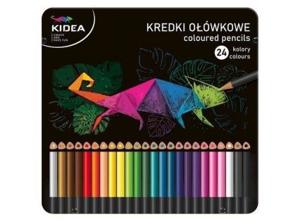 Kidea trojhranné pastelky 24ks v plechové etui, sada základních barev včetně zlaté a stříbrné