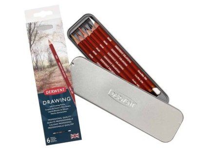 Derwent Drawing sada 6 měkkých pastelek v kovovém plechu, jádro 5 mm