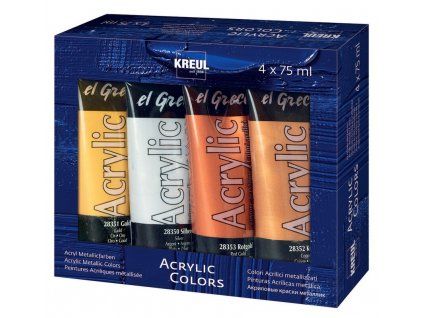 Kreul El Greco metalické akrylové barvy, sada 4 x 75 ml, stříbrná, zlatá, měděná