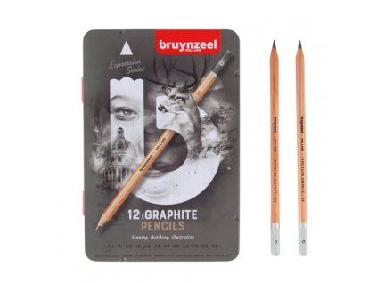Sada 12 grafitových tužek Bruynzeel Expression v plechovém obalu, tvrdosti 2H až 9B