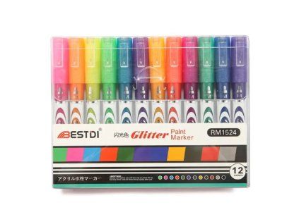 BestDi Akrylové popisovače GLITTER sada 12 třpytivých barev, hrot 2-3 mm, akrylový inkoust