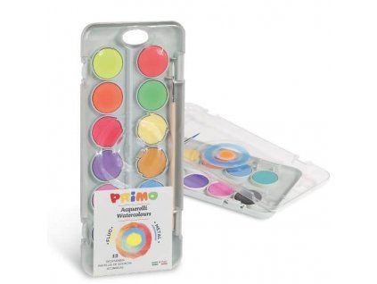 Vodové barvy Primo O 30 mm, sada 8 metalických a 4 fluo barev se štětcem