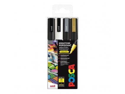 Uni Posca PC-3M sada 4 akrylových popisovačů, bílá, černá, zlatá, stříbrná, šířka stopy 0,9-1,3 mm