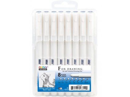 Marvy For Drawing sada 8 ks černých pigmentových popisovačů, šířky 0,02 až Brush