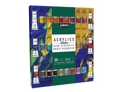 Pébéo Studio Acrylic sada 30 akrylových barev, každá tuba 20 ml, přiložen štětec
