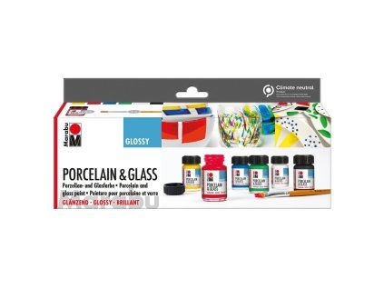 Sada barev na porcelán a sklo Marabu Porcelain & Glass, 6 odstínů po 15 ml a štětec