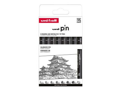 Sada 8 černých linerů Uni PIN Classic, šířky 0,03 až 1,2 mm a štětcový hrot BR