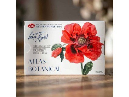 Akvarelová sada White Nights Atlas Botanical, 12 pánviček 2,5 ml pro botanickou ilustraci