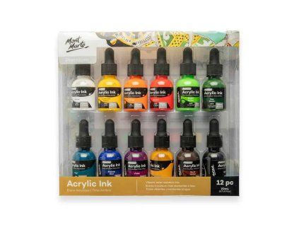 Mont Marte Acrylic Ink Premium sada 12 barevných akrylových inkoustů, každý 20 ml
